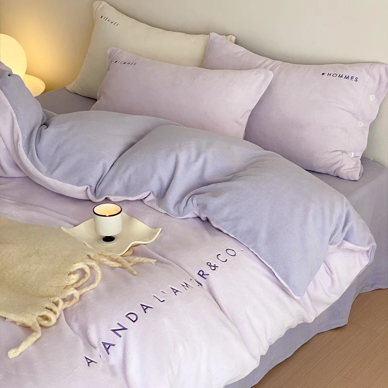 

Thiened Milk Velvet Bedding Set 4-Piece Coral Fce Quilt Cover Bed Skirt Flannel 3-Piece Set Winter Warmth