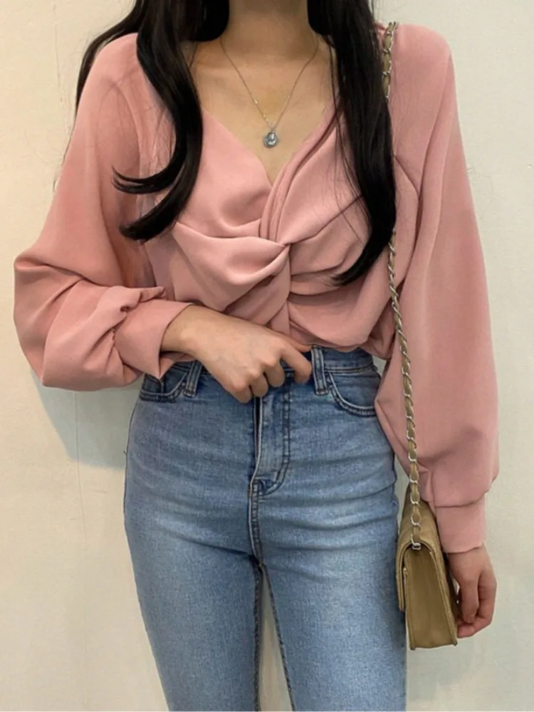 Chic Blue V-ne Bubble Sve irt Women's Loose Fit Knot Design Versatile Casual Top Spring Autumn Winter Faion