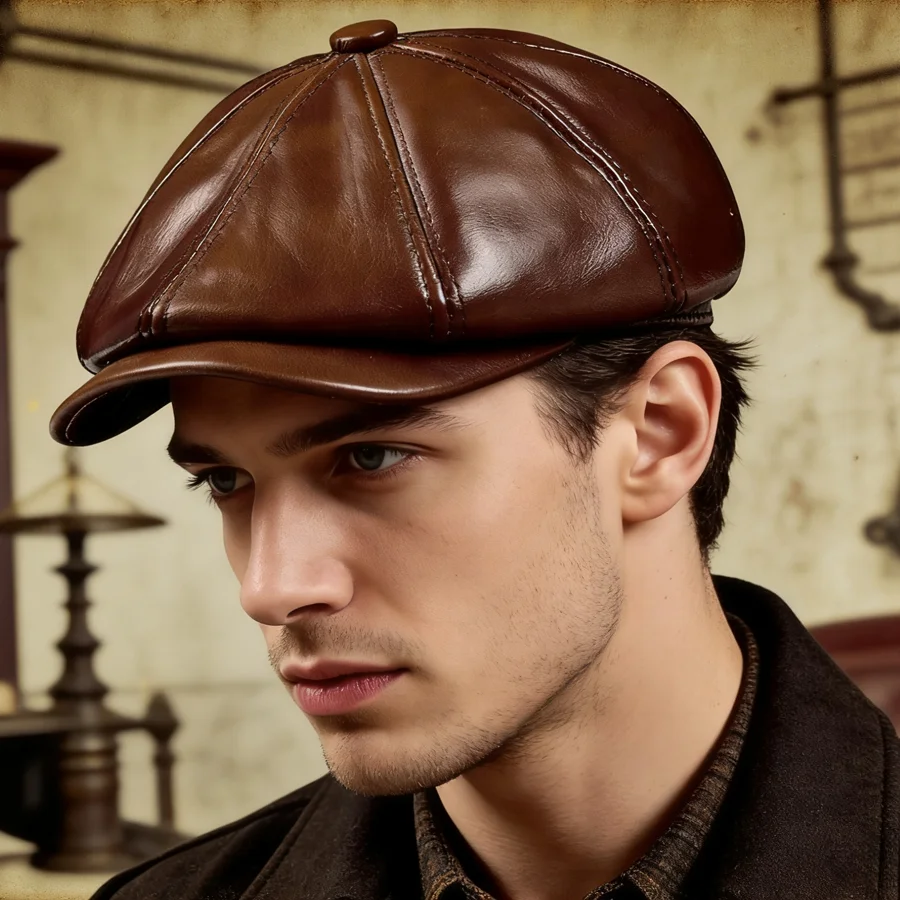 Spring New Genuine Leather Hat Cap Cowhide Beret Warm  Cotton Men Padding Brand Brown/Black Duck Hat
