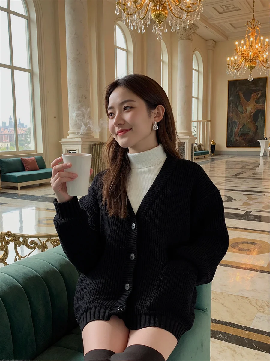 Kardigany 2025 Dekolt w serek Luźne Rozpinane Swetry Dzianinowe Bluzy Odzież Damska na Jesień Z Detalem z Żebrowanej Tkaniny Dzianiny z Przodu OL