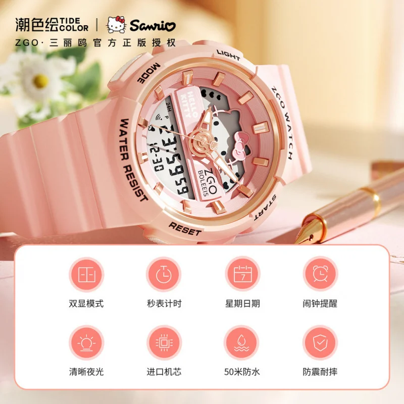 Original ZGO × Hello Kitty Sanrio Quartz Electronic Watch Sports Wristwatch Date Display Waterproof Chronograph for Gift 863