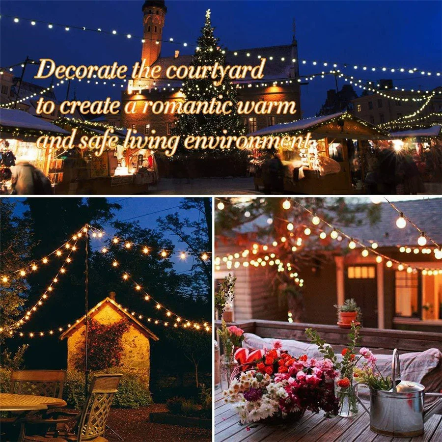 กลางแจ้ง 25Ft G40 Globe Fairy String Light 25 แก้วหลอดไฟวินเทจกันน้ํา Patio Garden Garland ตกแต่งคริสต์มาสไฟ