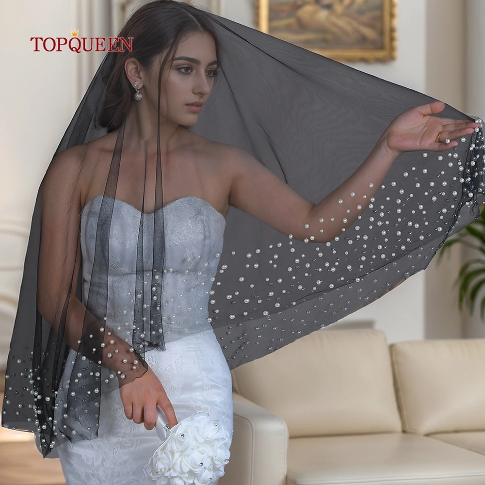 TOPQUEEN New Pearl Bridal Veil Black Tulle Bridal Wedding Accessory Mantilla Española Encaje Negro Black Veil Brides V228