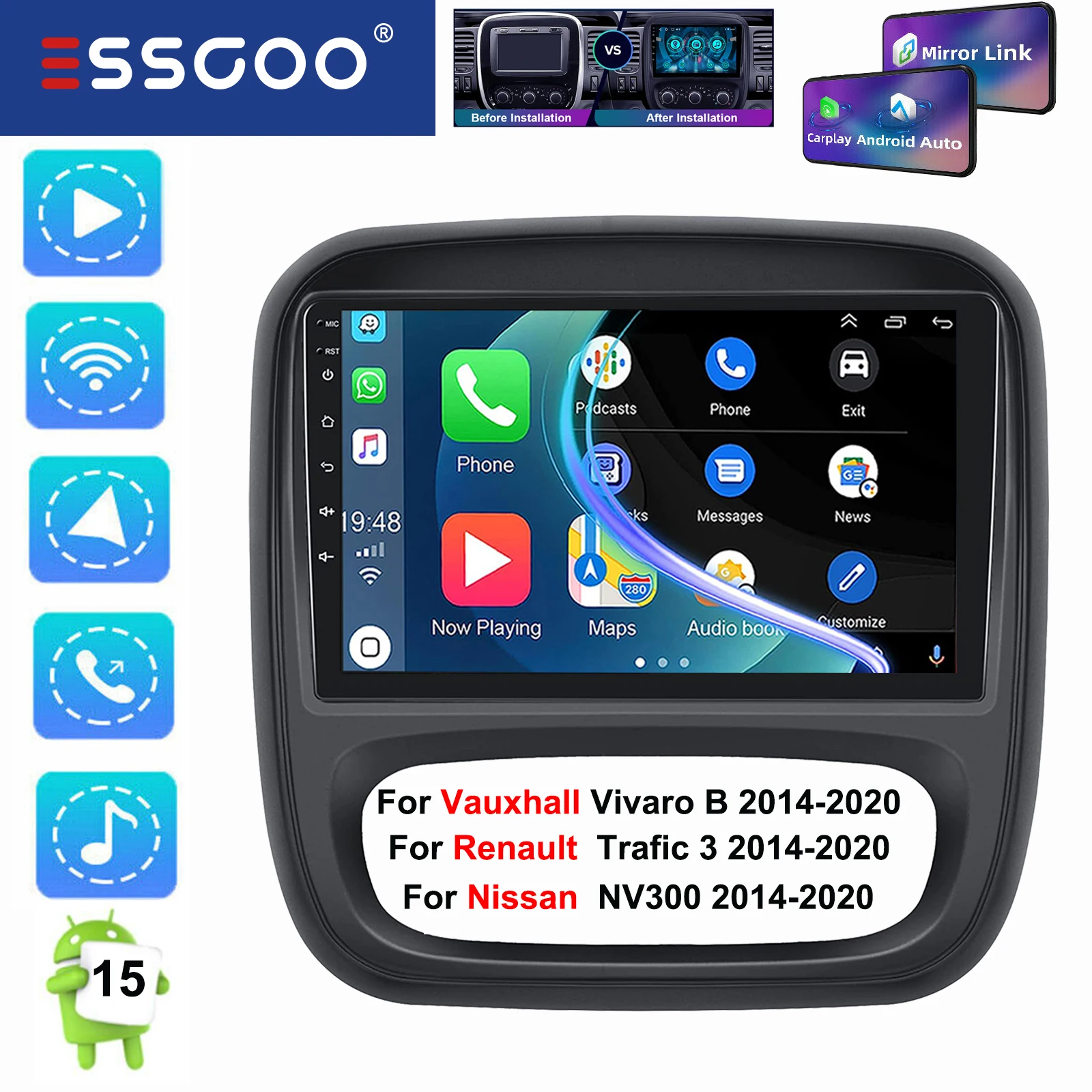 ESSGOO Per Vauxhall Vivaro B/Renault Trafic/Nissan NV300 2014-2020 Android 15 9 "Auto Stereo Senza Fili Carplay GPS NAVI WIFI BT
