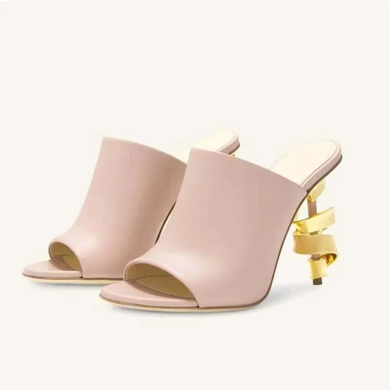 Модные тканые сабо особой формы на высоком каблуке, нишевые круглые тапочки с открытым носком, удобная женская обувь из мягкой кожи