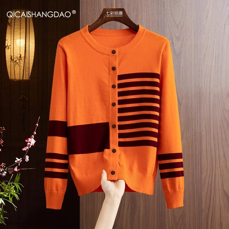 Cardigan feminino outono manga comprida cor bloco listrado gola redonda slim estilo curto suéter de lã aconchegante