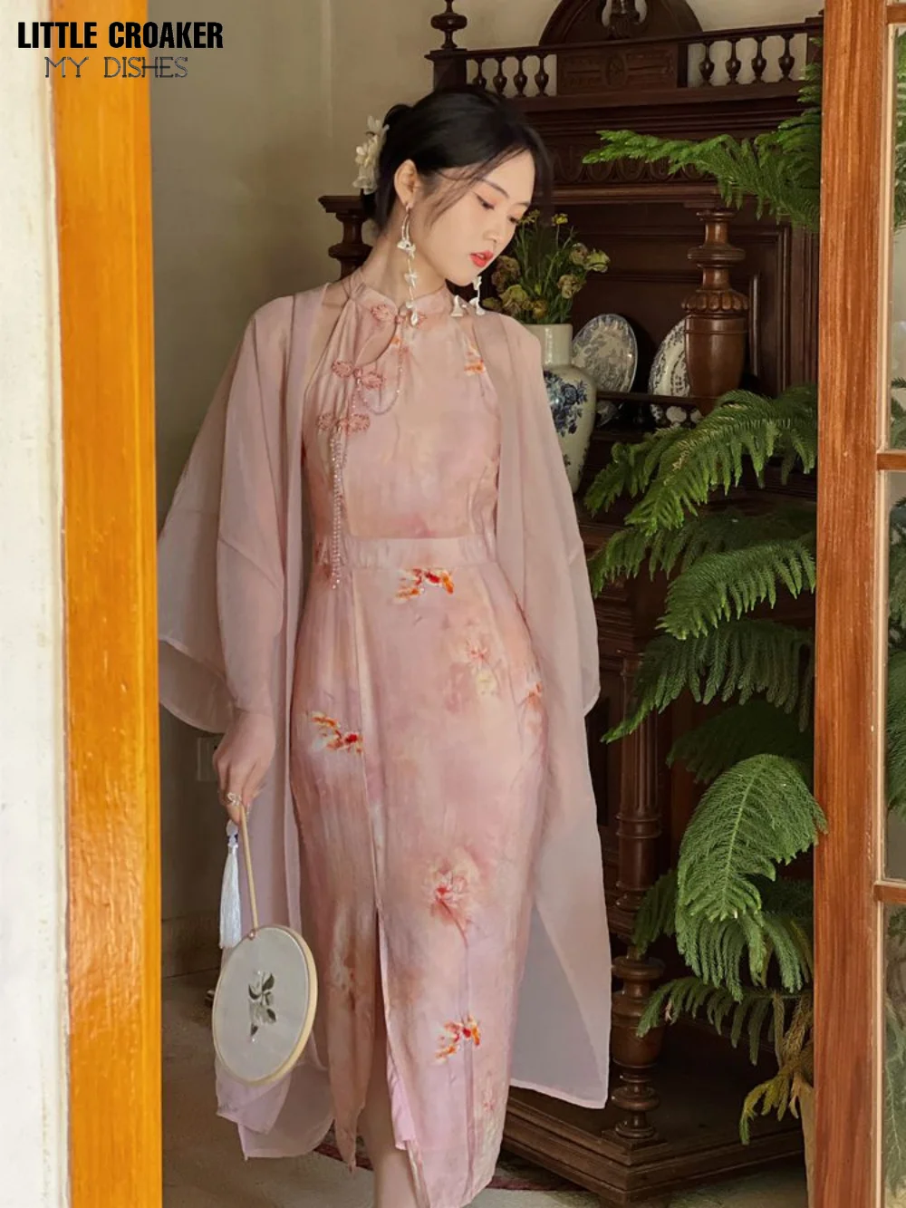 Women Mist Pink New Chinese Hanging Neck Cheongsam Dress Cardigan Set Chinese Style Gentle Improvement Daily Qipao Dress