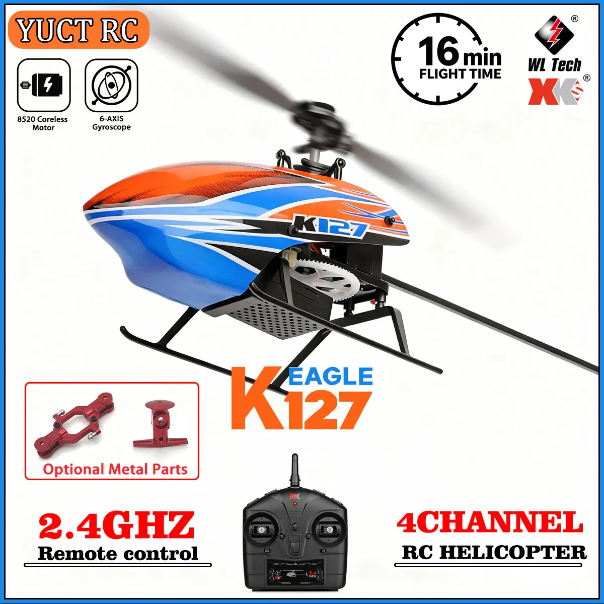 WLtoys K127 2.4GHz 4CH RC Helicopter 6-Axis Gyro Altitude Hold One Key Takeoff Landing Single Blade Flybarless RTF RC Toys Gifts