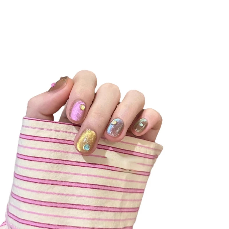 

Summer Rainbow Man Fish Ball Dopamine Cat's Eye Small Short Nail White Pure Handmade Wearing Nail