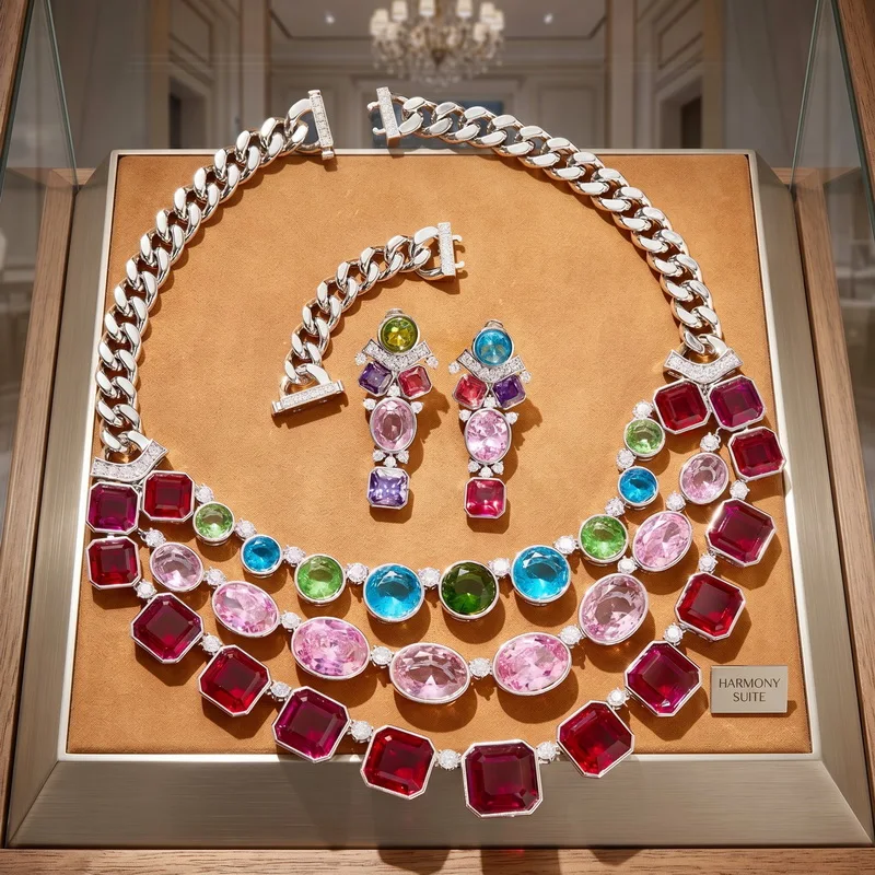 Europe America Style Earrings Necklace Women Lady Inlay Colored Cubic Zircon Three Layers Chain Dinner Party Jewelry Sets