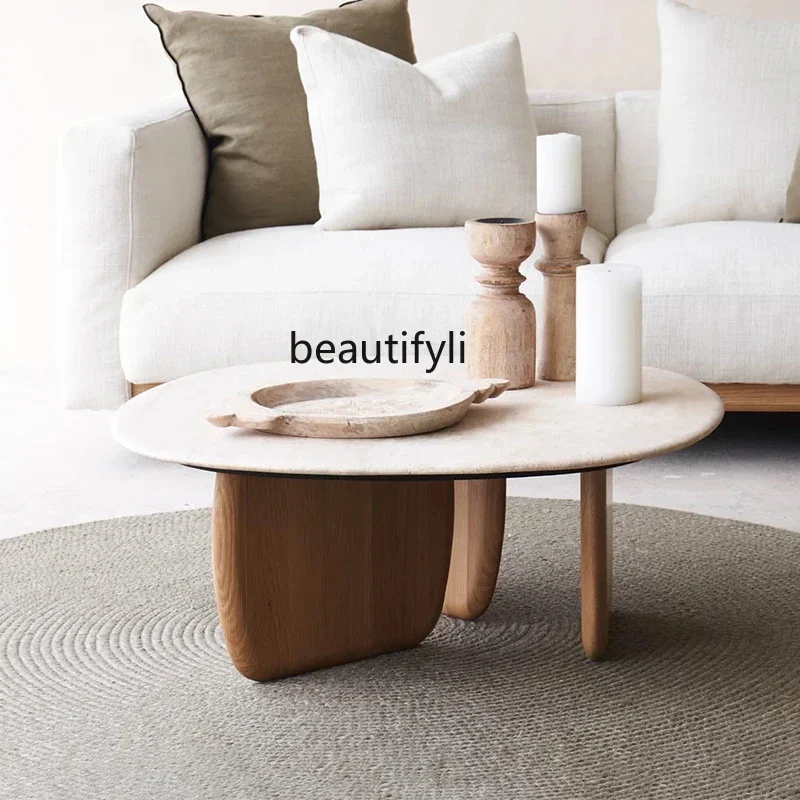 

Cy56 Wabi-sabi coffee table, small apartment living room coffee table, oak high-end round natural travertine coffee table