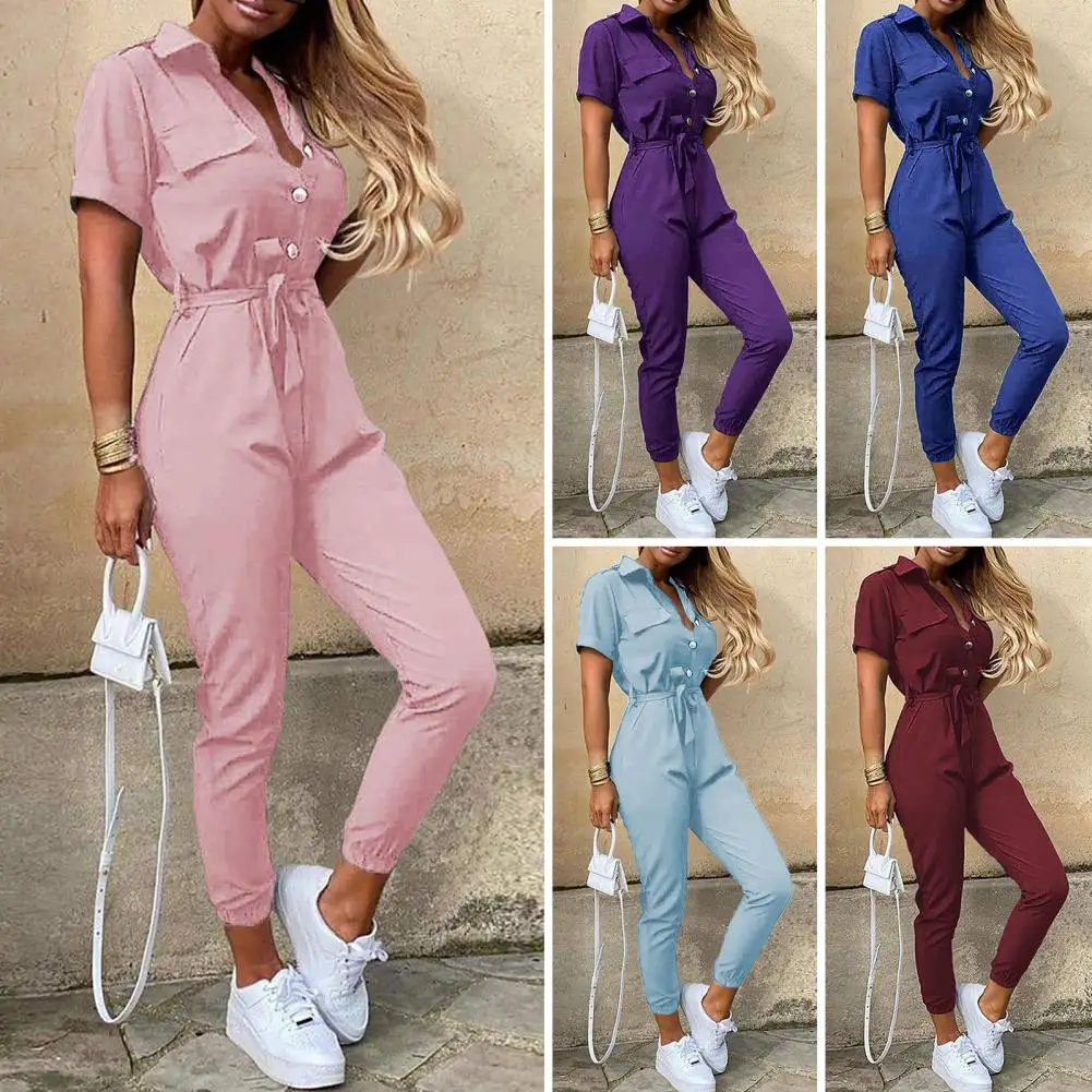 Comfortable  Sporty Daily Women Pants Jumpsuit Lightweight Female Jumpsuit Lapel   Streetwear