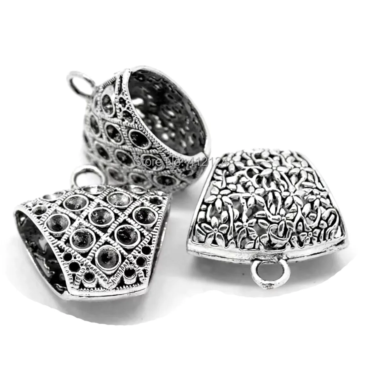 10Pcs Silver Tone Pattern Carved Bail Beads For Wrap Scarf Jewelry Findings 4x3.8cm
