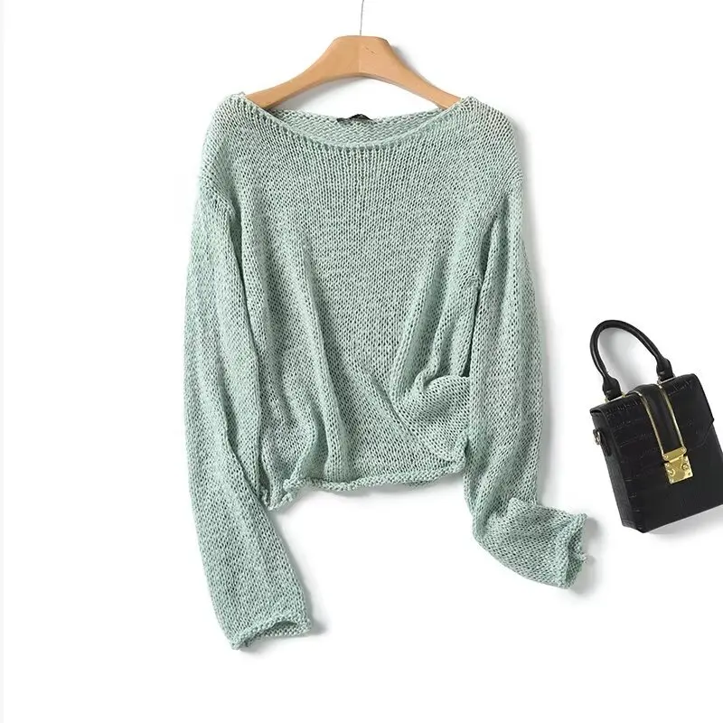 Women\'s Mint Green Knit Sweater Boat Neck Long Sleeve Loose Casual Lazy Style Jumper Autumn New Female Fashion Pullover Sweaters