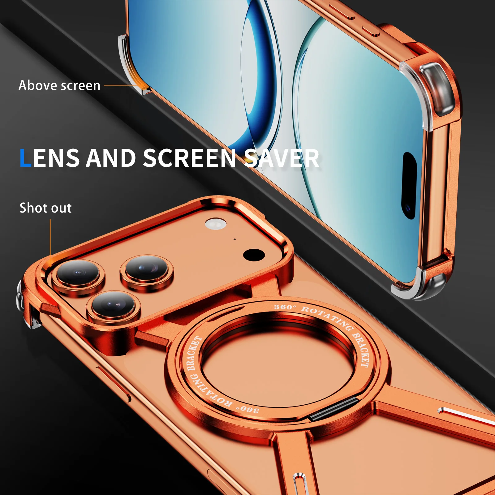 Titanium Metal Alloy Magnetic Case For iPhone 17 Pro Max 360° Rotation Holder Frameless Protective Wireless Charging Phone Cover