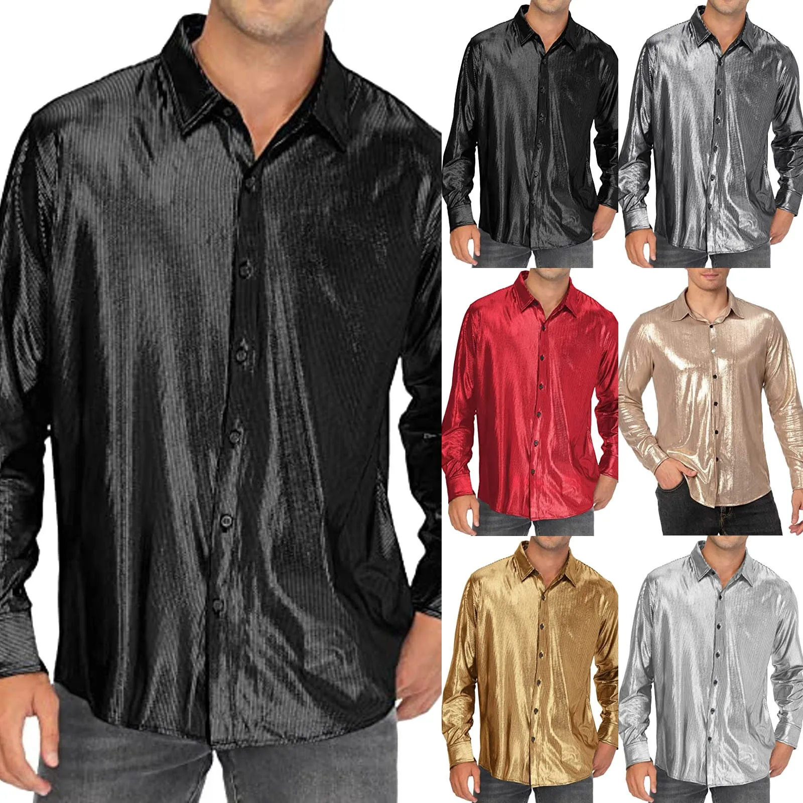 

Mens Casual Dress Shirt Sequined Button Up Shirt Cosplay Korean Fashion Street Wear Blouse Tops For Spring Autumn Beach Loose