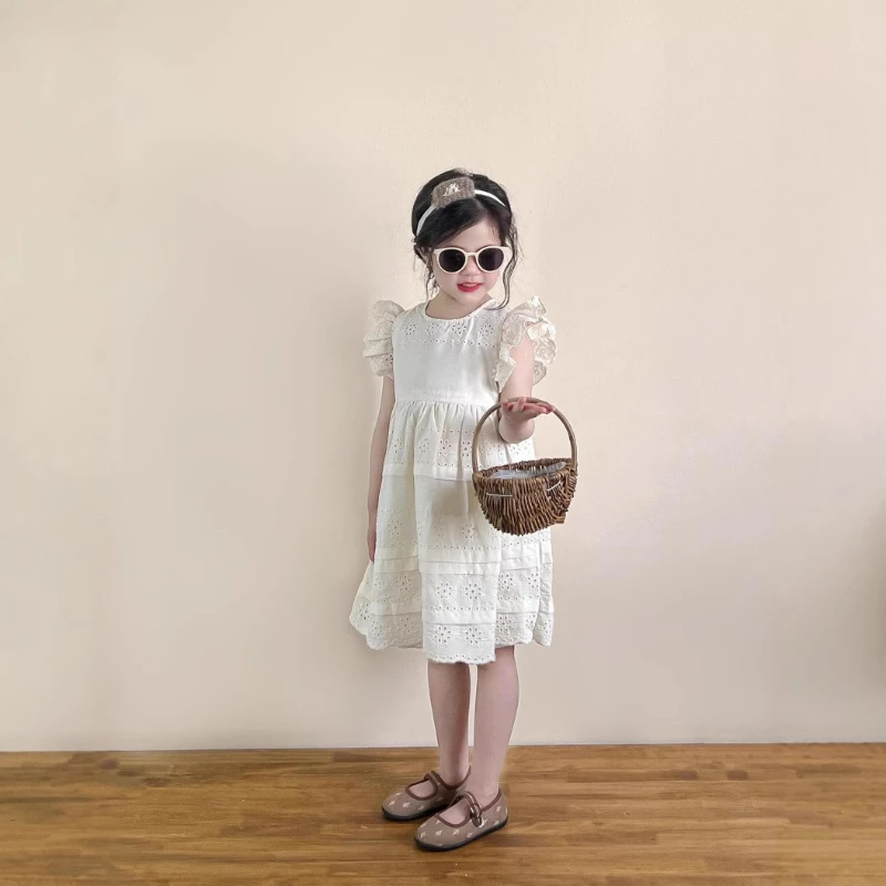 

2025 Girls Summer Temperament Sweet Lace Cutout Flying Sleeve Lace Doll Dress Heavy Industry Embroidery Princess Dress
