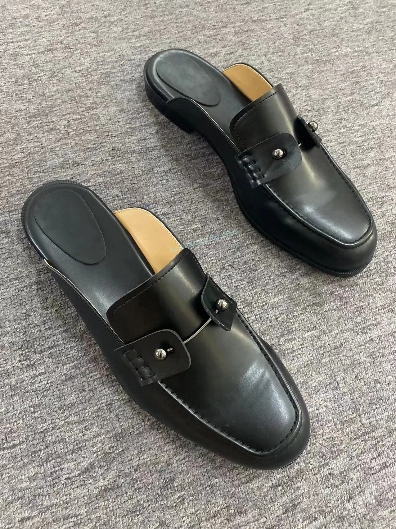 High Quality Men's Meatl Black Beige Slipper Shoes with Metal Ball Male Round Toe Comfortable Flat Heel Summer Mules Shoes