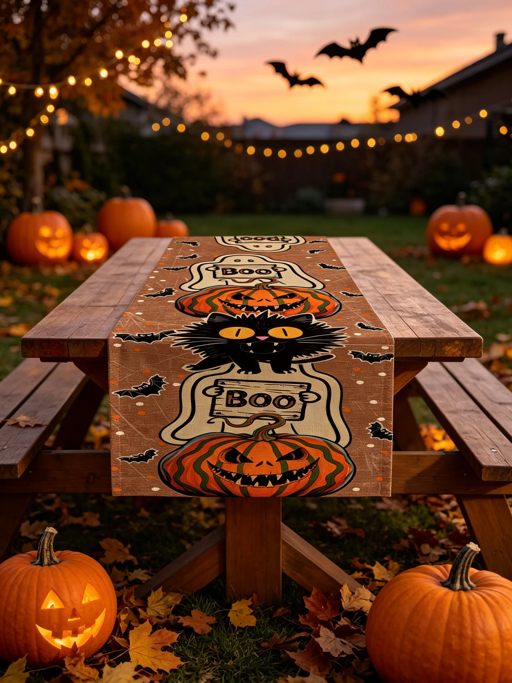 1Pc Halloween Table Runner | Polyester Pumpkin Cat Print Table Runner | Halloween Party | Rectangular Dining Table | Retro Style