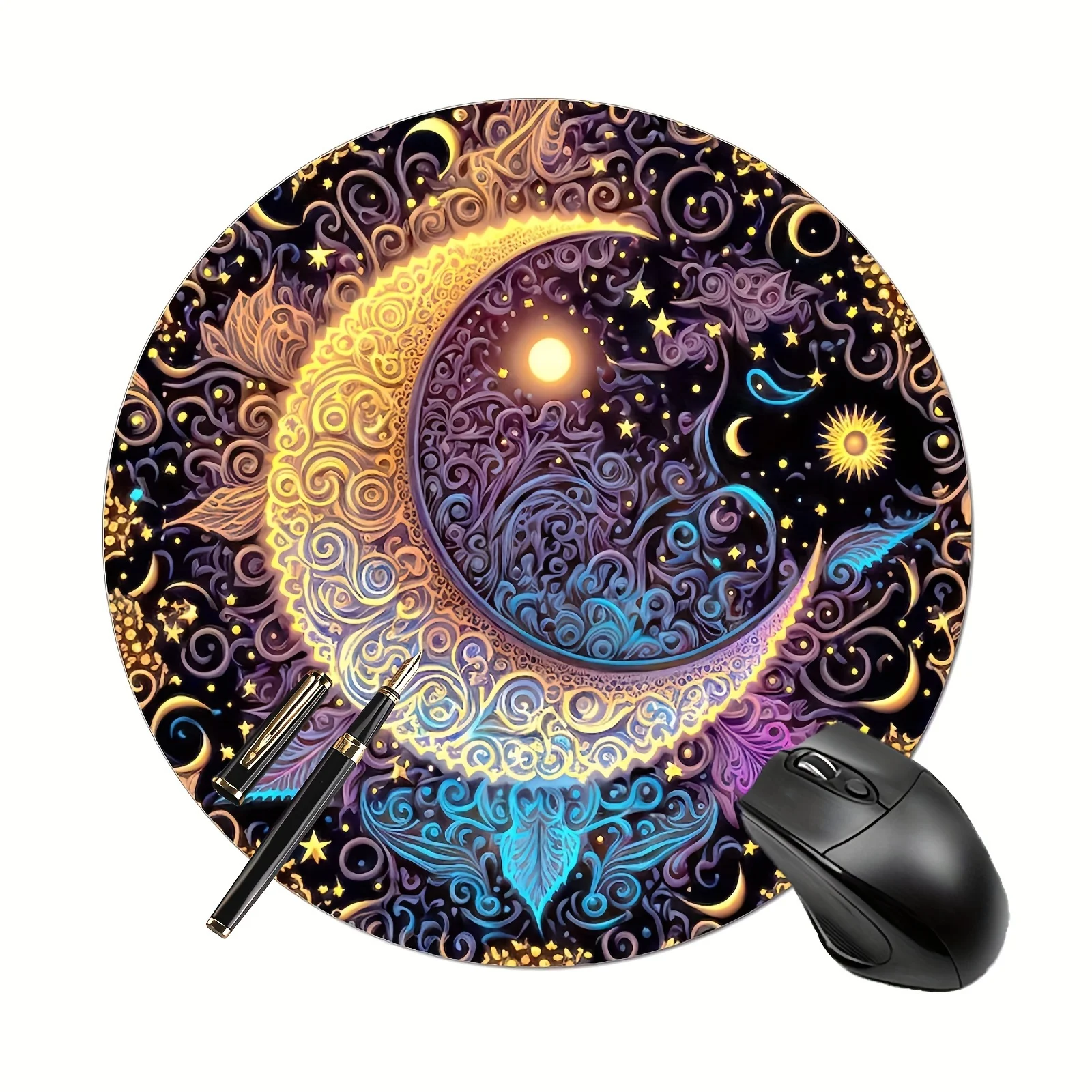 1pc Gaming Mouse Pad Cool Round Mousepad Non-slip Rubber Mouse Mat Desk Pad Suitable for Office Computers Laptops Sun and Moon