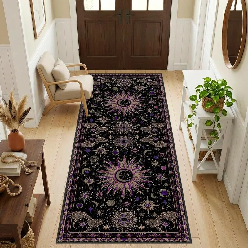 Celestial Sun Moon Star Runner Carpet Purple‑Black Astrology Cloud Constellation Pattern Floor Carpet Mystic Bohemian Decor