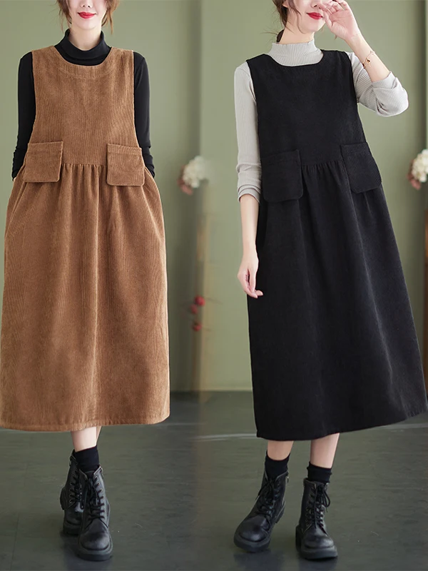 plus Size Winter Corduroy Gown with kets A-Line Silhouette Svel Long Dr for plus Size Women Flared Skirt Dr