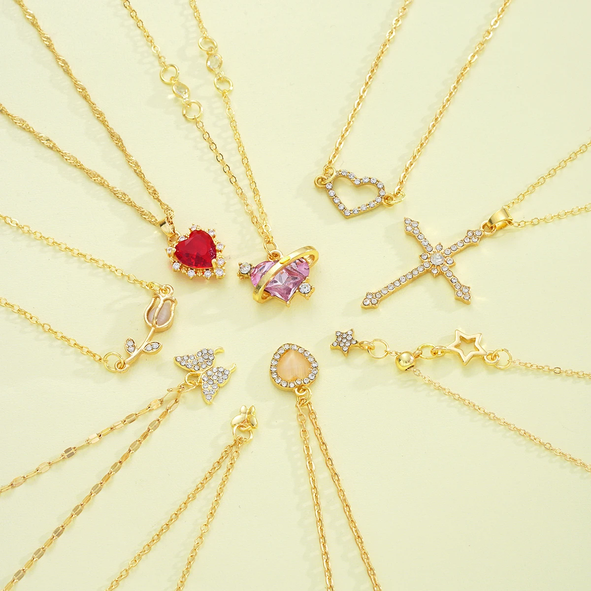 8 Pcs Simple Temperament Necklace Set For Women Elegant Gold Color Crystal Butterfly Cross Rose Heart Star Pendant Necklaces
