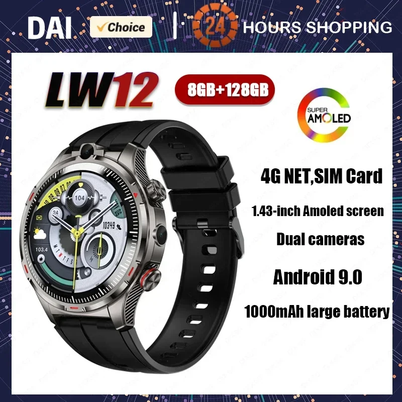 

LW12 Smart Watch AMOLED Screen 4G Network Built-in GPS Heart rate Dual Cameras 8GB+128GB Google Play Android Smartwatch Men