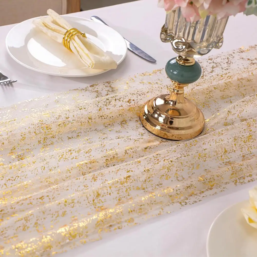 Golden Foil Pattern Tablecloth Golden Sequin Bohemian Style Table Runner for Wedding Party Prom Banquet Glittering Tulle Pleated