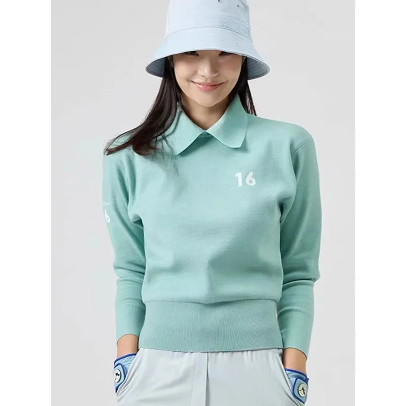 

Korean Golf Women's Solid Color Jacquard Collar Long Sleeve T-shirt Knitted Sweater Casual Versatile Autumn Clothes