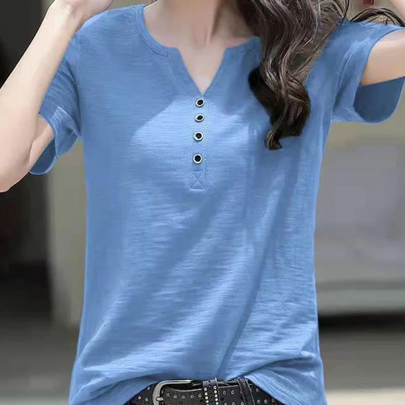 Women\'s Blouse Clothing V-neck Button T-shirt Spring Summer Loose Large White Short Sleeve Solid Elegant Casual Tops