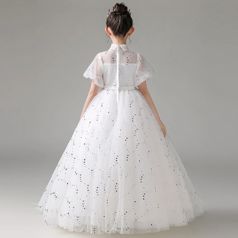 Child Girls Evening White Dress for Wedding Elegant Party Formal Sexy Sequin Long Dresses Puff Sleeve Birthday Frock Ball Gown