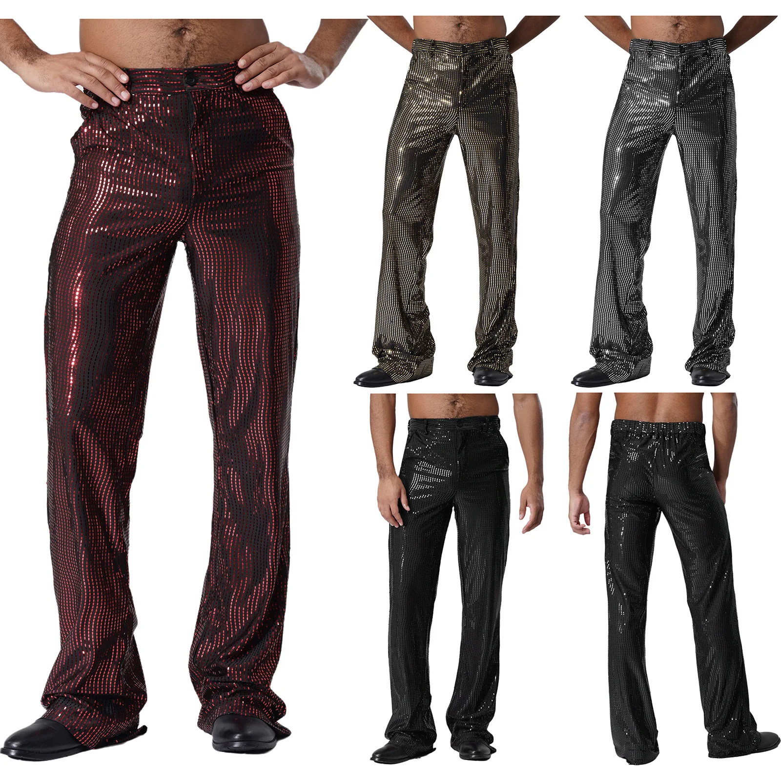 Men Party Disco Dance Sequin Flared Pants Clubwear Shiny Allover Glittery Pockets Trousers Music Party Stage Performance Costume