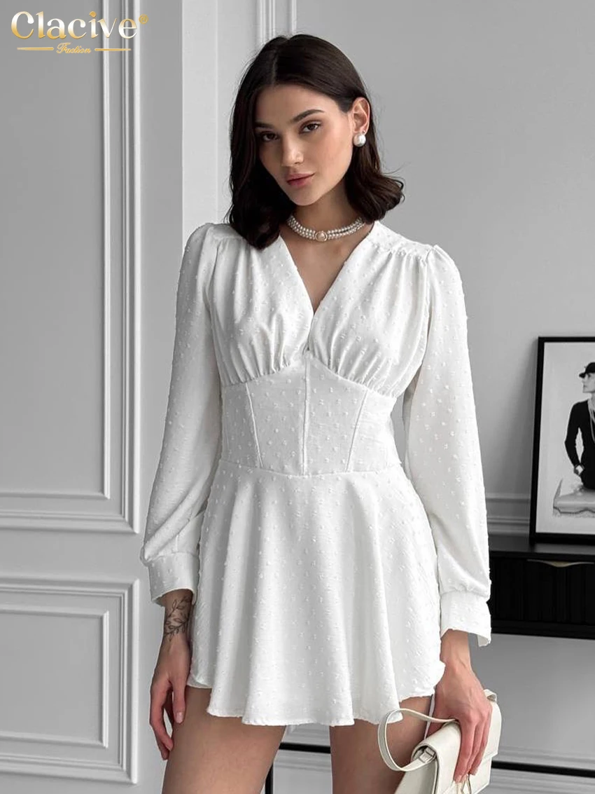 

Clacive Fashion Slim White Women's Dress 2025 Casual V-Neck Long Sleeve Mini Dresses Elegant Classic High Waist Female Dress