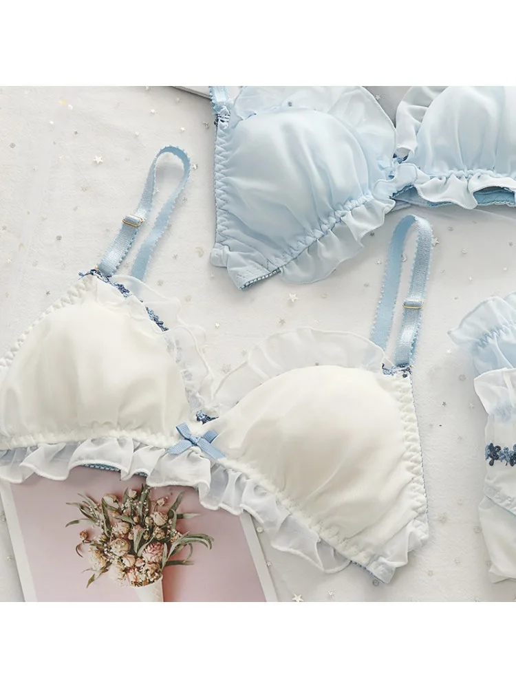

YUQI японский стиль Kawaii Bralette Set без косточек, кружевной сетчатый бюстгальтер с треугольной чашкой и пуш-ап для маленькой груди, женское милое нижнее белье
