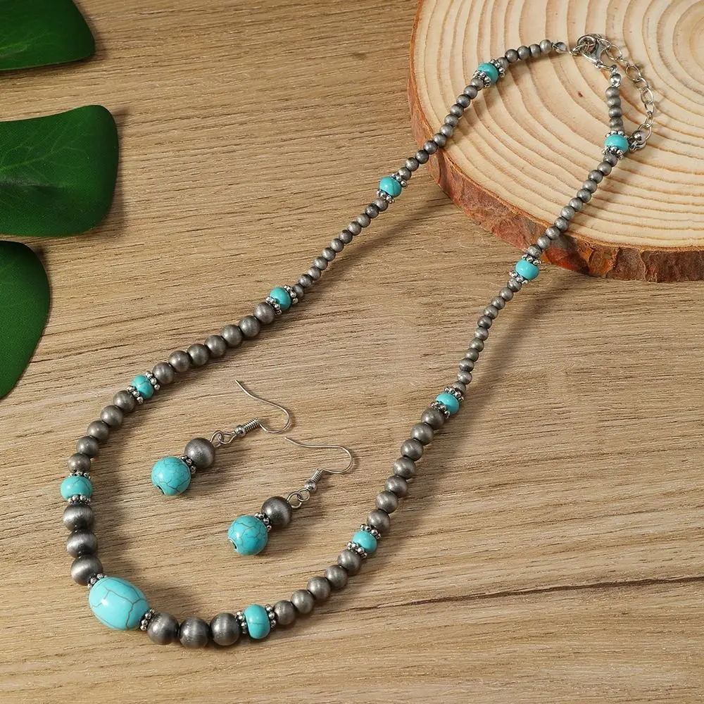 2PCS Fashion Turquoise Navajo Necklaces CCB Bead Western Country Necklaces Ethnic Style Goth Bohemian Style Earrings Holiday