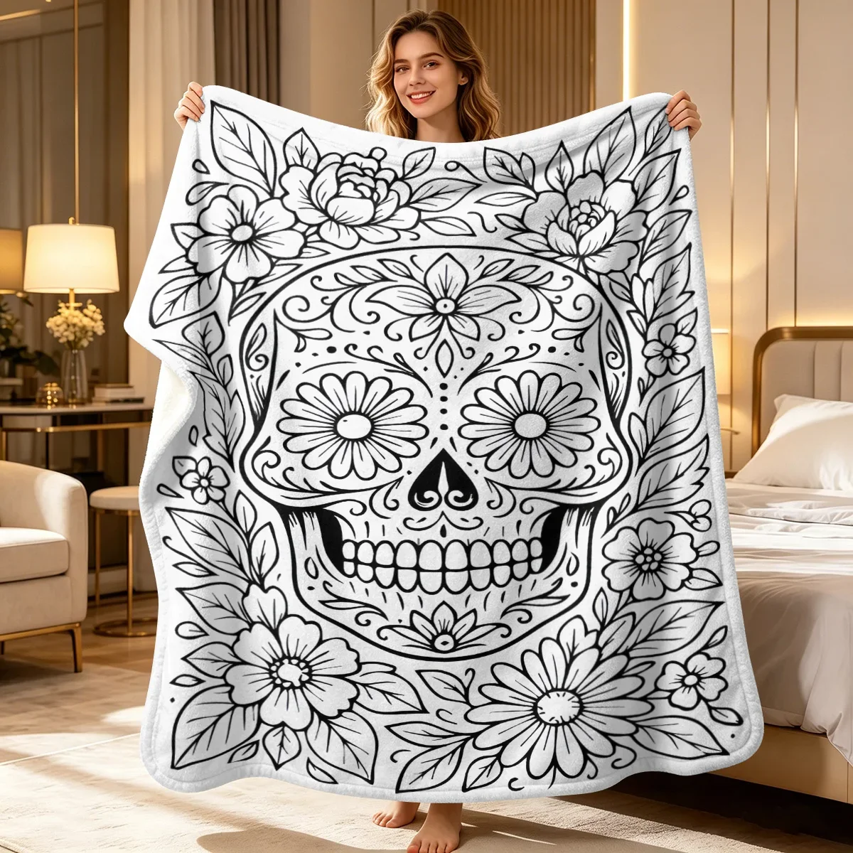 1pc Day of the Dead Floral Skull Coloring Blanket, Featuring a Sugar Skull Motif Surrounded by Multi-layered Daisy, Peony, and M