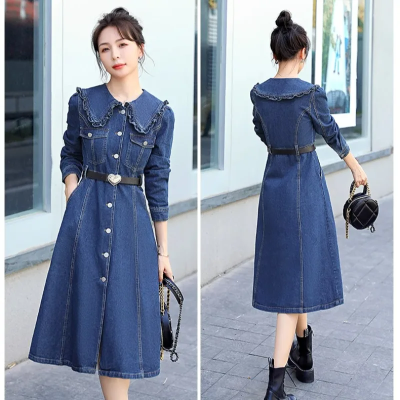 

Нежное джинсовое платье-рубашка с длинным воротником-стойкой Gentle Wind, женское, весна 2024, новый стиль, длинная юбка, высокая талия, на одной пуговице