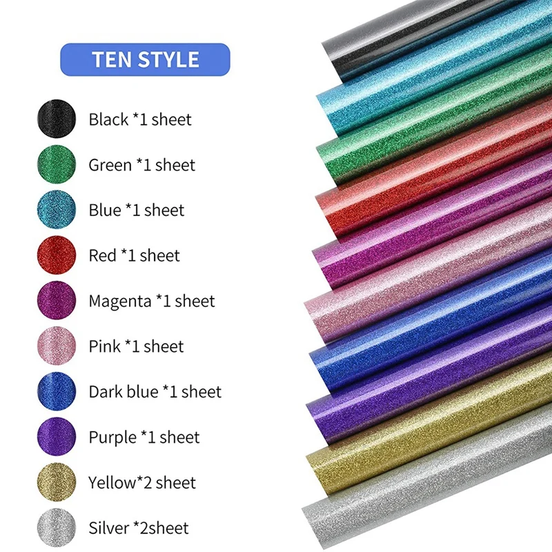 HTV 글리터 열 전달 비닐, 잡초 열 프레스 비닐, 티셔츠 작업용, 10 가지 색상, 12x10 인치, 12 개