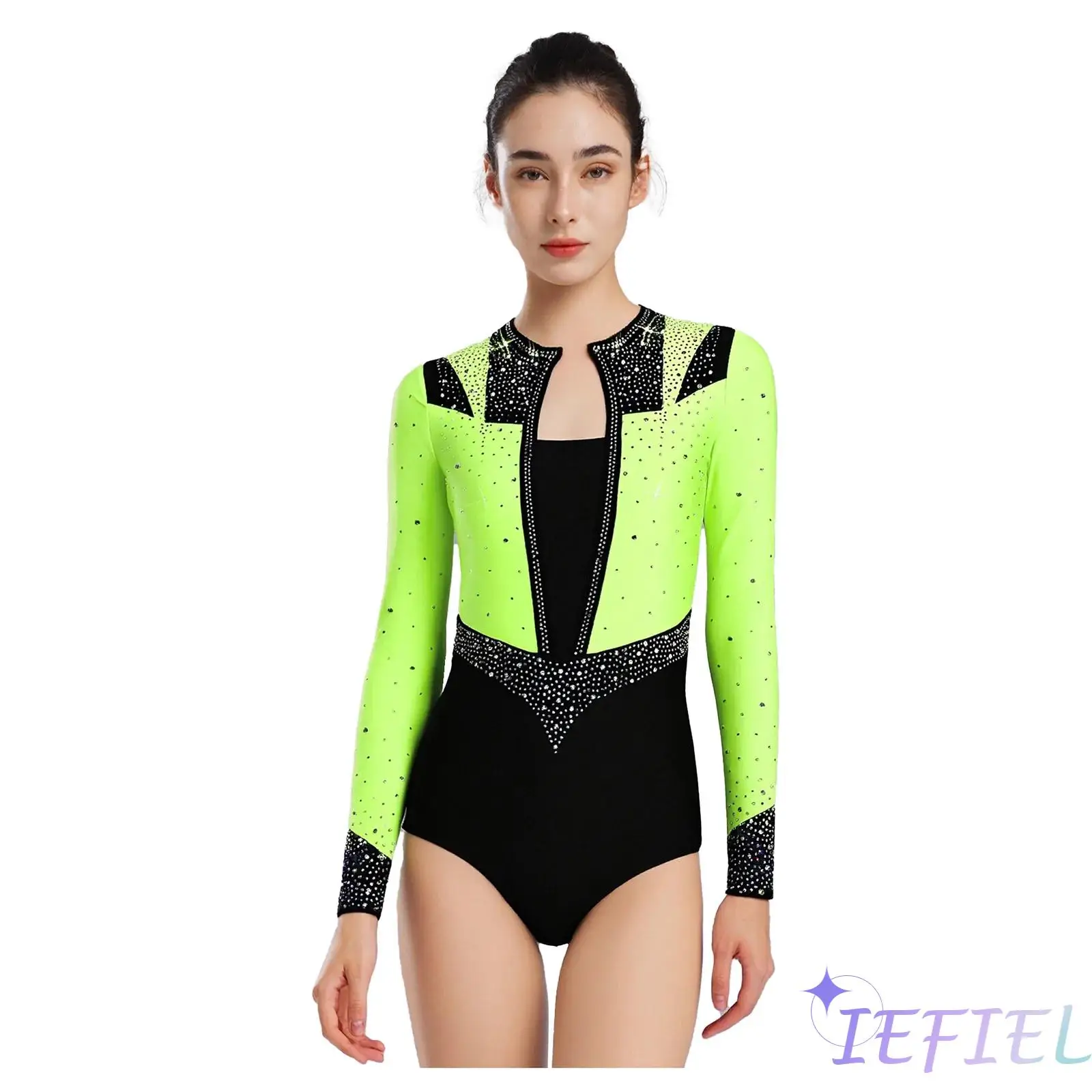 

Womens Figure Skating Dance Leotard Shiny Rhinestones Back Hollow Long Sleeve Dance Bodysuit Tango Latin Ballet Dance Costume