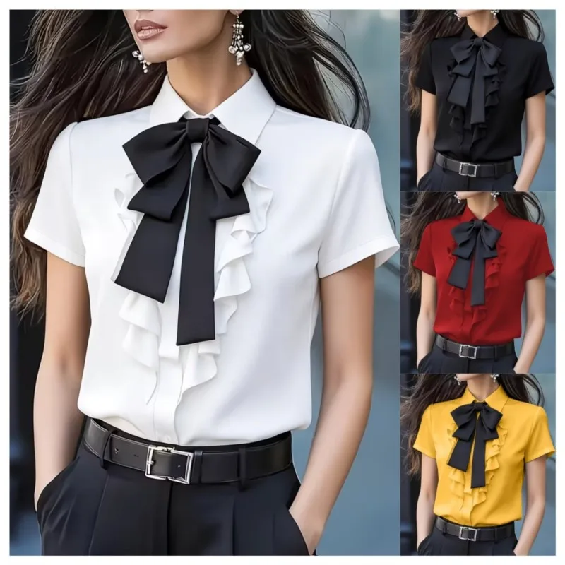

Women's Summer Shirt New Fashion Solid Lace-up Bow Ruffle Design Vintage Short Sleeve Blouse White Shirt Female Clothing 2026
