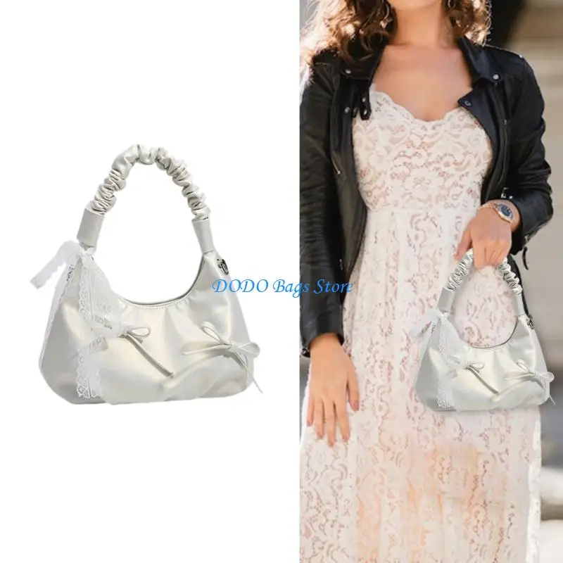 

Modern Crossbody Bag with Pleated Texture and Chain Shoulder Strap Handbag Lace Bows Top Handle Purse for Everyday Carry