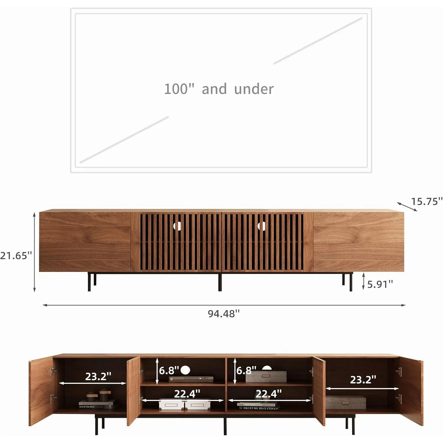 حامل تلفزيون حديث لمنتصف القرن لأجهزة تلفزيون مقاس 80+ بوصة، وحدة تحكم من خشب الجوز مقاس 94.48 بوصة مع مساحة تخزين كافية - مركز ترفيه أنيق للعيش