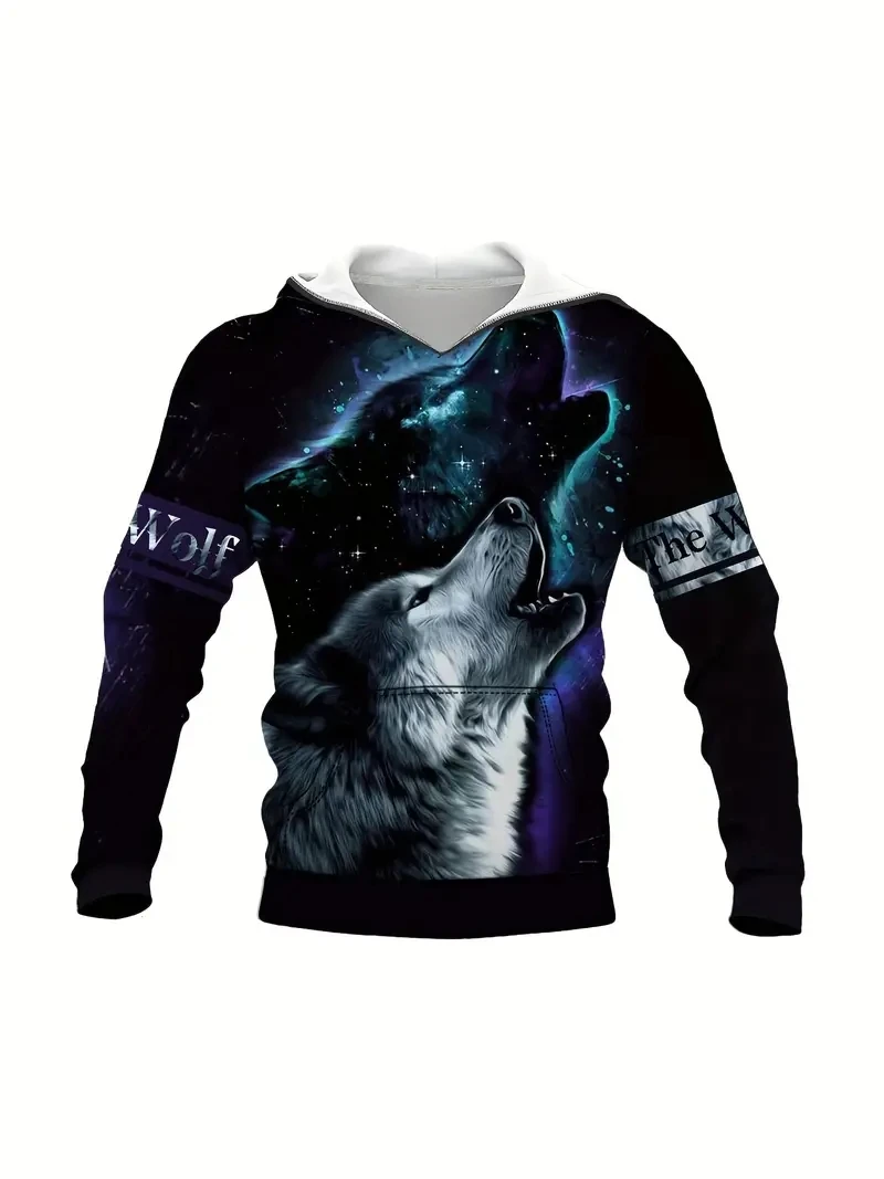 Odzież męska, męska bluza z kapturem z nadrukiem Wolf Graph 3D, bluza z kapturem CasuaPullover, sportowa odzież outdoorowa