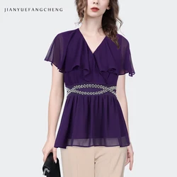 Luxury Diamond-studded Purple Chiffon Blouse Women Summer Short Sleeve V-Neck Ruffles Tops Elegant Slim Female Small Shirts