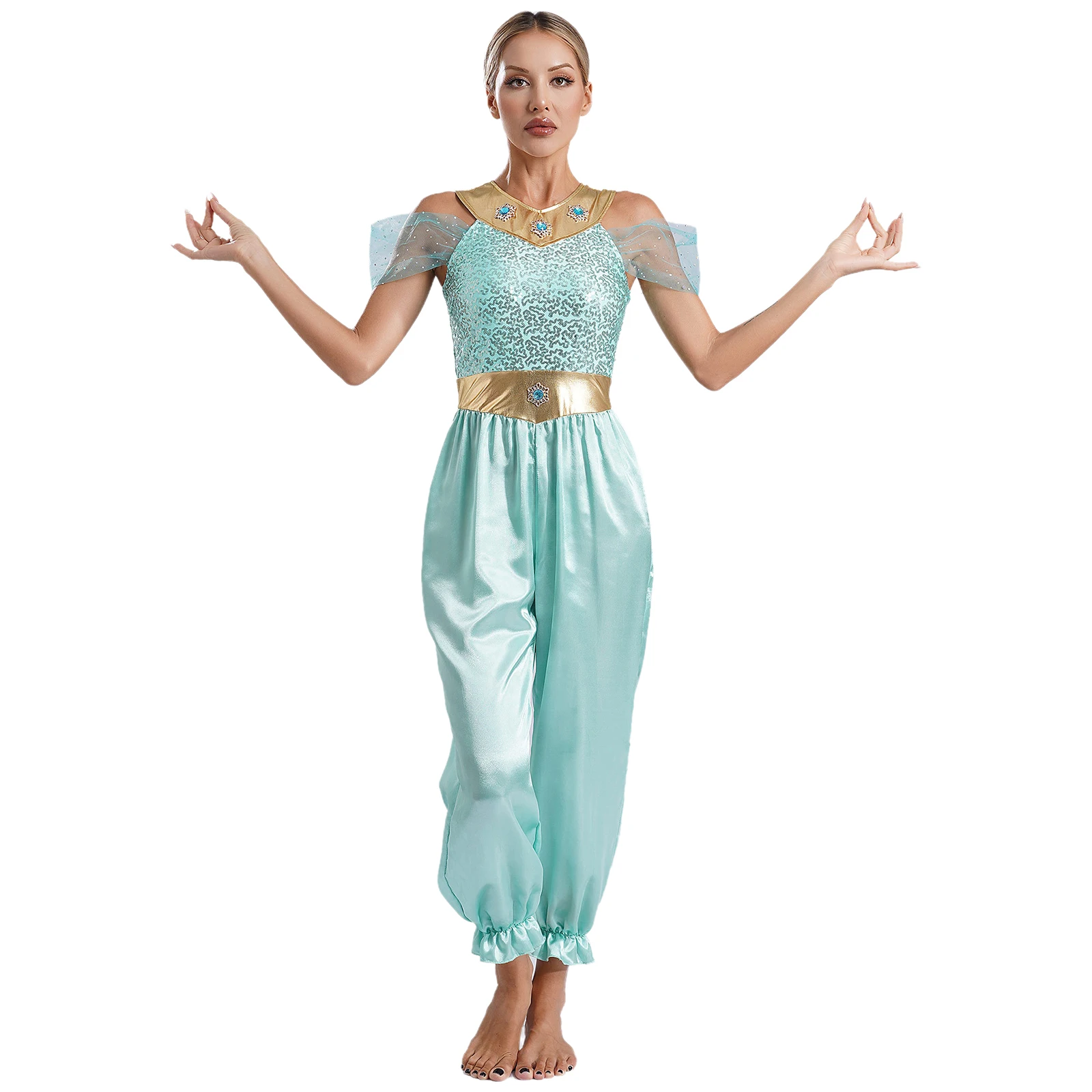 Womens Arabian Princess Belly Dance Halloween Costume Shiny Sequins Gems Jumpsuit Romper Indian Bollywood Role Play Fancy Dress