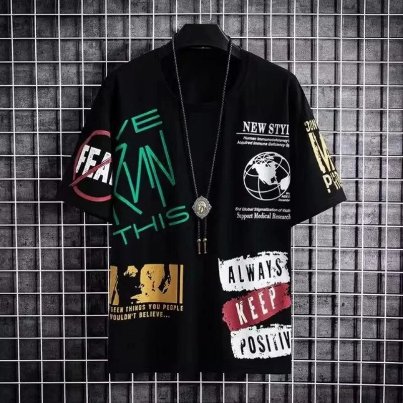 

3D Printed Colorful Geometric T-Shirt For Men Fun Letter Pattern Tees Summer Street Short Sleeve Round Neck Tops Loose T Shirts