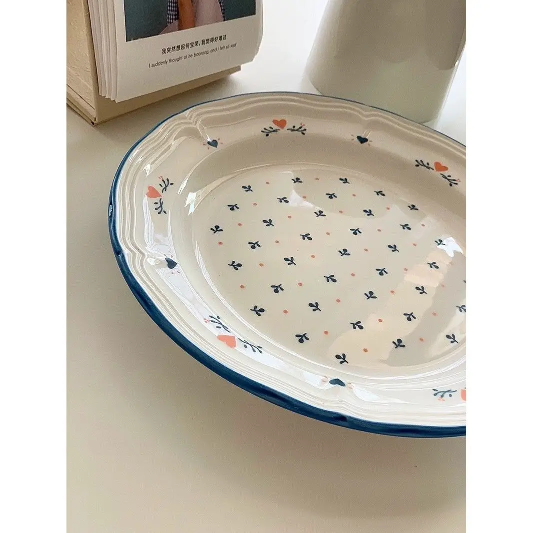 Plate Korean style relief edge blue edge ceramic western breakfast plate high appearance level printing lovely delicate
