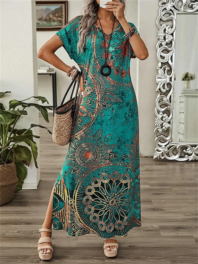 

Винтажные женские платья с принтом, летние женские элегантные дизайнерские платья с короткими рукавами и разрезом, модные уличные городские платья с v-образным вырезом