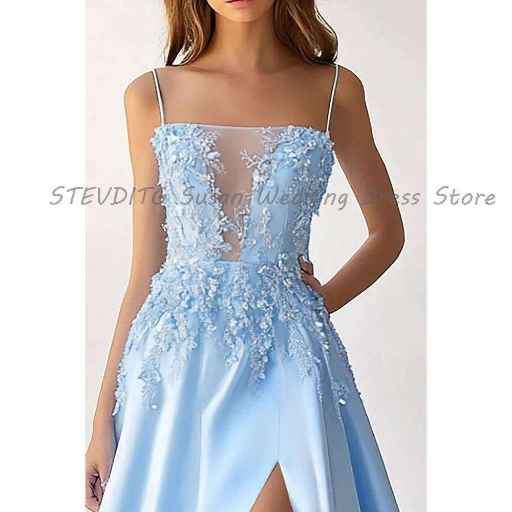 Blue Evening Dresses Women Floor Length Square Collar Spaghetti Strap Sleeveless A Line Alliques High Quality Female Gowns Prom